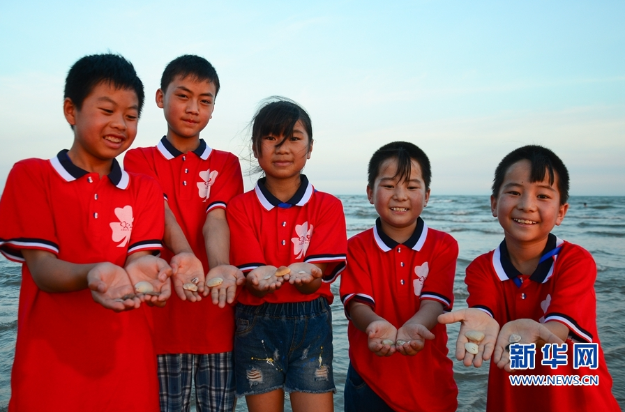 沙滩上的各种贝壳吸引了孩子们的注意力,他们说要把捡到的漂亮贝壳带